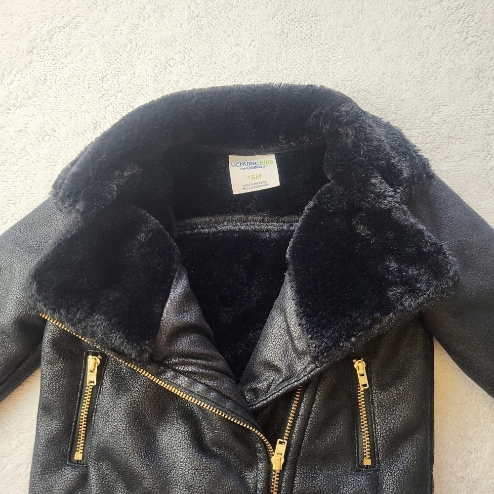 OshKosh Toddler Faux Leather Faux Fur Black Moto Style Jacket Size 18 Months - Picture 4 of 7
